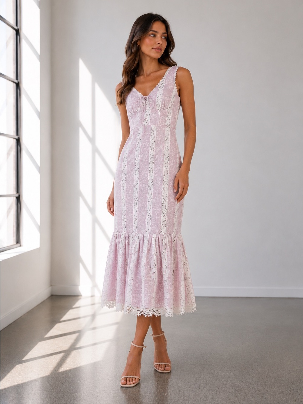 Lace-Trim Midi Dress in Light Pink And White